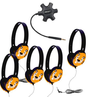 Bulk school headphones pack with 5 Primo™ Tiger Headphones and Galaxy™ Jackbox for educational use.